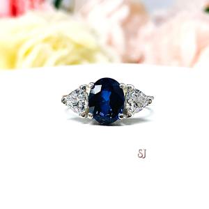 Lab Blue Sapphire Oval Trillion CZ Ring Low Profile Sterling Silver