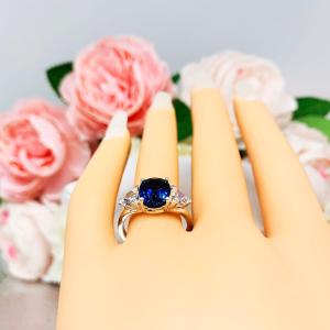 Lab Blue Sapphire Oval Trillion CZ Ring Sterling Silver