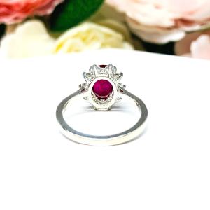 Lab Ruby 9x7mm Oval CZ Halo Sterling Silver Ring Size 7