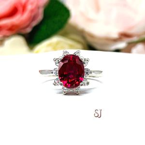 Lab Ruby 9x7mm Oval CZ Halo Sterling Silver Ring Size 7