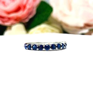 Round Lab Blue Sapphire Band Half Eternity Sterling Silver Stacking Ring