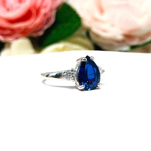 Lab Blue Sapphire Pear CZ Sterling Silver Ring