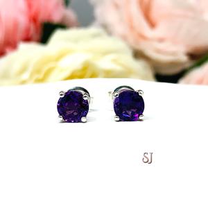 Round Natural African Amethyst February Birthstone Stud Earrings