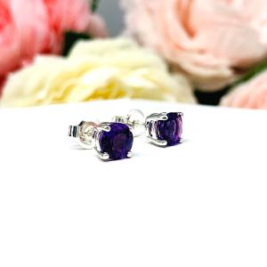 Round Natural African Amethyst February Birthstone Stud Earrings