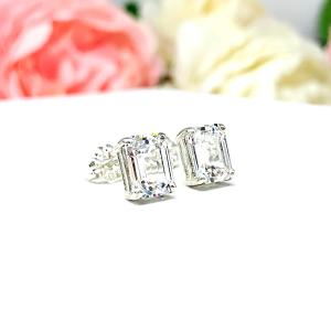 Lab White Sapphire Emerald Cut Stud Earrings 8x6mm