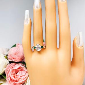 Pear CZ Lab Emerald Accents Engagement Ring