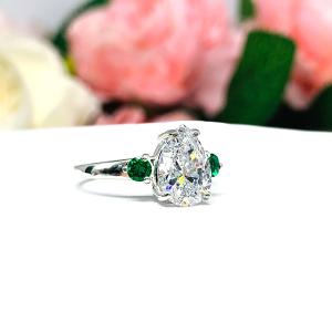 Pear CZ Lab Emerald Accents Engagement Ring