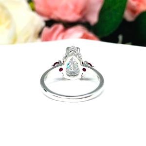 Pear CZ Lab Created Round Ruby Accents Engagement Ring