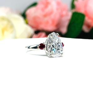 Pear CZ Lab Created Round Ruby Accents Engagement Ring