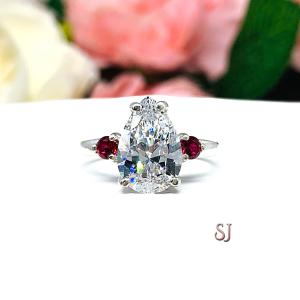 Pear CZ Lab Created Round Ruby Accents Engagement Ring