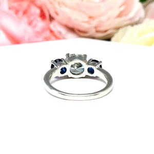 Round CZ Lab Blue Sapphire 3 Stone Engagement Ring