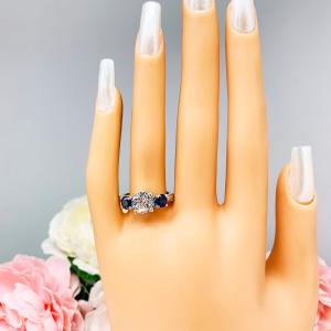 Round CZ Lab Blue Sapphire 3 Stone Engagement Ring