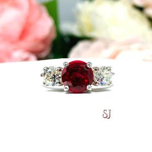 Round Lab Created Ruby CZ 3 Stone Ring Sterling Silver