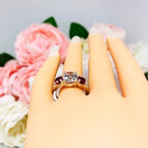 Round CZ Lab Ruby 3 Stone Engagement Ring