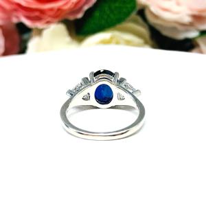 Lab Blue Sapphire Oval Trillion CZ Ring Sterling Silver
