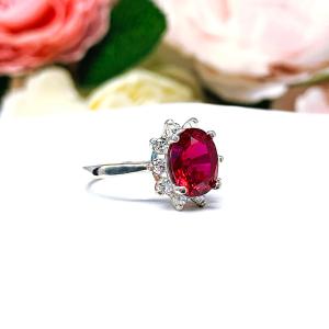 Lab Ruby 9x7mm Oval CZ Halo Sterling Silver Ring Size 7