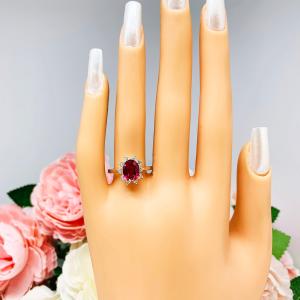 Lab Ruby 9x7mm Oval CZ Halo Sterling Silver Ring Size 7