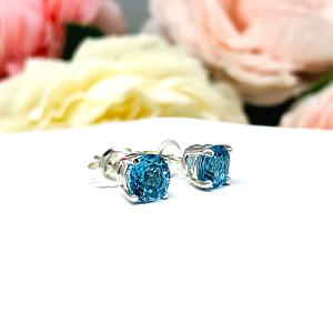 Round Swiss Blue Topaz Basket Stud Earrings December Birthstone Authentic
