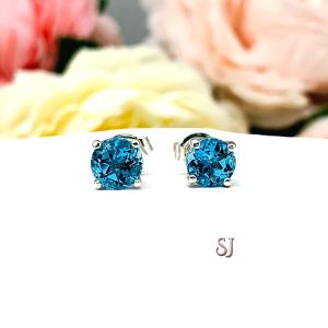 Round Swiss Blue Topaz Basket Stud Earrings December Birthstone Authentic