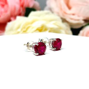 Round Lab Ruby Basket Stud Earrings Sterling Silver July Birthstone