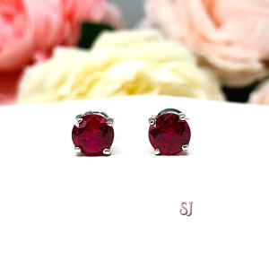 Round Lab Ruby Basket Stud Earrings Sterling Silver July Birthstone