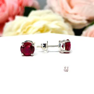 Round Lab Ruby Basket Stud Earrings Sterling Silver July Birthstone