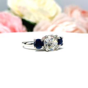 Round CZ Lab Blue Sapphire 3 Stone Engagement Ring