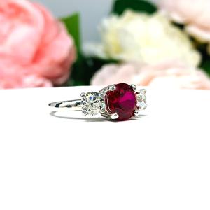 Round Lab Created Ruby CZ 3 Stone Ring Sterling Silver