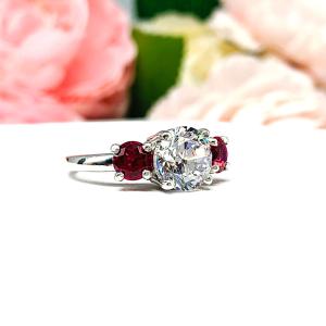 Round CZ Lab Ruby 3 Stone Engagement Ring