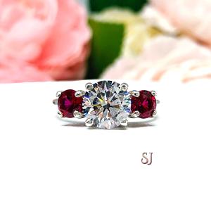 Round CZ Lab Ruby 3 Stone Engagement Ring
