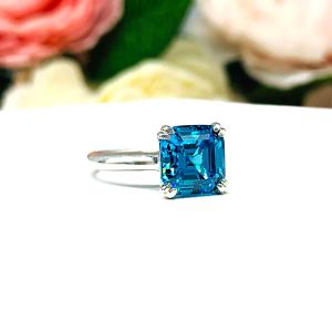 Asscher 8mm London Blue CZ Split Prong Ring