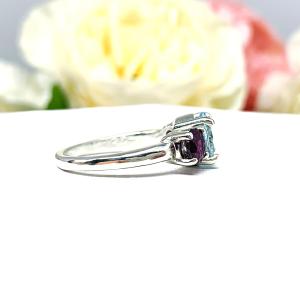 Round Aquamarine Garnet 3 Stone Ring - Genuine gemstones (2.85 cts total) - Sterling silver setting