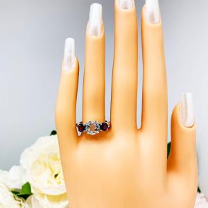 Round Aquamarine Garnet 3 Stone Ring - Genuine gemstones (2.85 cts total) - Sterling silver setting