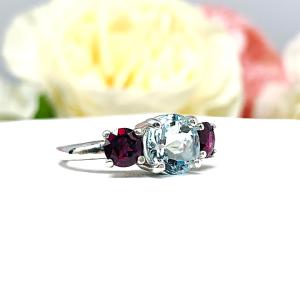 Round Aquamarine Garnet 3 Stone Ring - Genuine gemstones (2.85 cts total) - Sterling silver setting