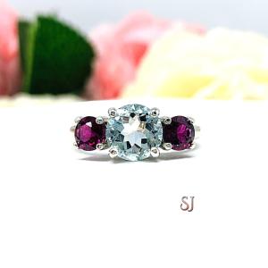 Round Aquamarine Garnet 3 Stone Ring - Genuine gemstones (2.85 cts total) - Sterling silver setting
