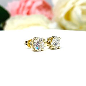 Moissanite 14k Gold Stud Earrings - Round authentic moissanites - Solid gold soft claw prong settings - FREE 3RD DAY UPS