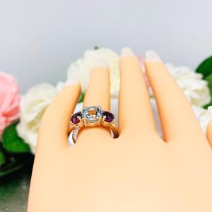 Round Aquamarine Garnet 3 Stone Ring - Genuine gemstones (2.85 cts total) - Sterling silver setting