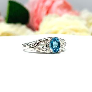 Genuine London Blue Topaz 6x4mm Oval Ornamental Leaf Ring