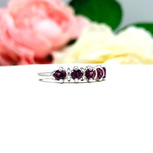 Garnet 5 Stone Sterling Silver Ring - Natural 3mm round wine color gemstones - Sterling Silver setting
