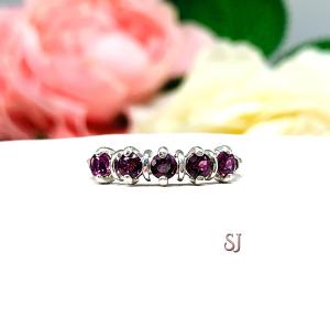 Garnet 5 Stone Sterling Silver Ring - Natural 3mm round wine color gemstones - Sterling Silver setting