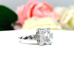 Radiant CZ Sterling Silver Engagement Ring Round Accents