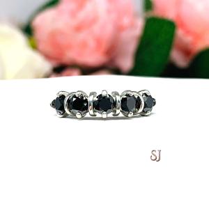 Black Moissanite 5 Stone Ring - 4mm round authentic moissanites - Sterling silver setting