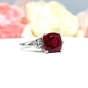 Lab Created Ruby Cushion Cut CZ Trillions Ring Sterling Silver