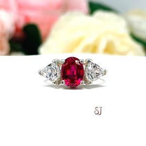 Lab Created Ruby Oval CZ Trillion Ring Lower Profile Sterling Silver