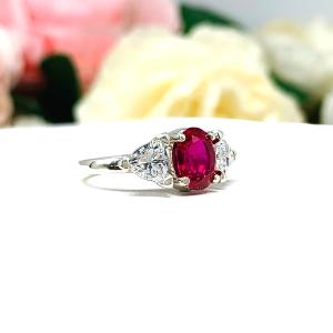 Lab Created Ruby Oval CZ Trillion Ring Lower Profile Sterling Silver