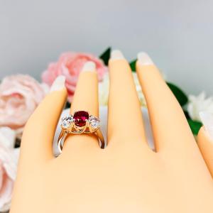 Lab Created Ruby CZ Oval 3 Stone Ring Sterling Silver