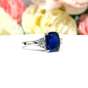 Lab Blue Sapphire Elongated Cushion Cut Ring 10x8mm Round CZ Accents