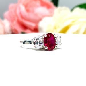 Lab Created Ruby CZ Oval 3 Stone Ring Sterling Silver