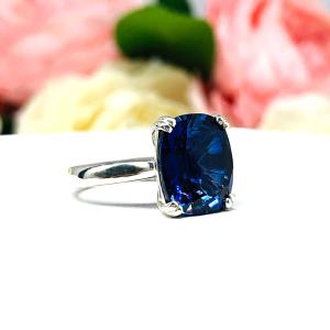 Lab Blue Sapphire Elongated Cushion Ring 12x10mm Wide Band