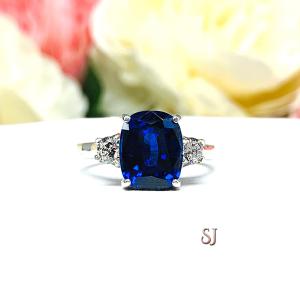 Lab Blue Sapphire Elongated Cushion Cut Ring 10x8mm Round CZ Accents